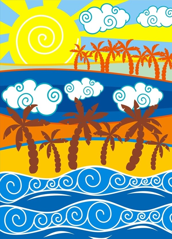 阳光沙滩椰子树矢量图下载