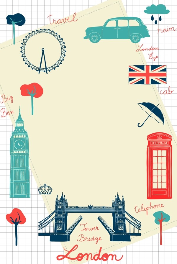手账风英国伦敦游出国游卡通拼贴海报