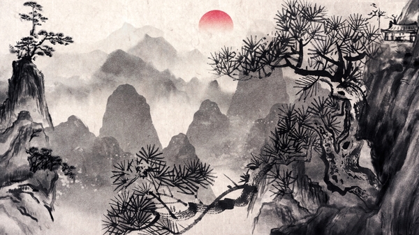 原创古典中国古风水彩画水墨山水风景画