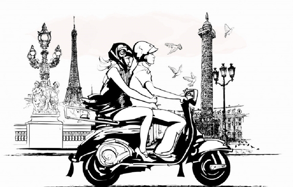 骑摩托车男女时尚插画