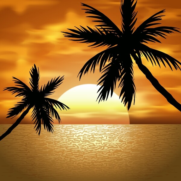 海边黄昏中的椰子树风景矢量图