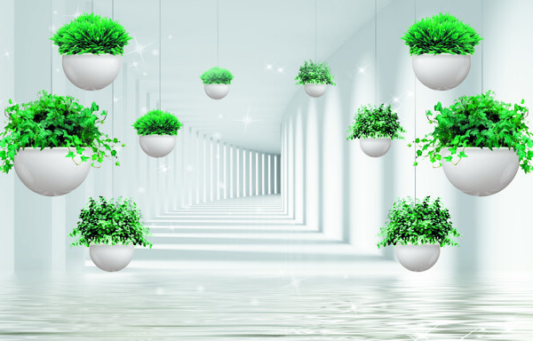走廊中悬吊的绿色植物装饰画图片