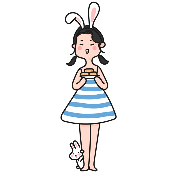 中秋节兔女郎月饼兔子可爱卡通手绘女孩人物