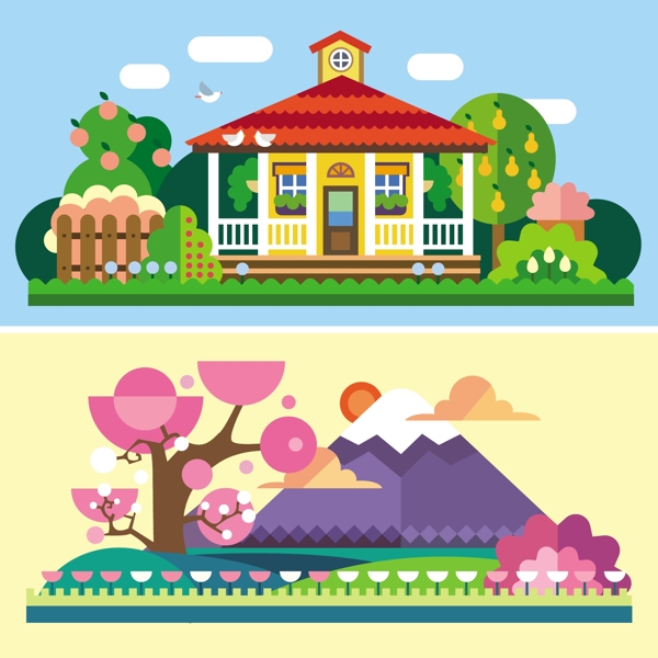 扁平化房屋與風(fēng)景矢量素材圖片
