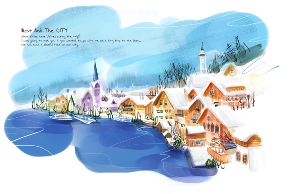 冬季的海边小镇插画