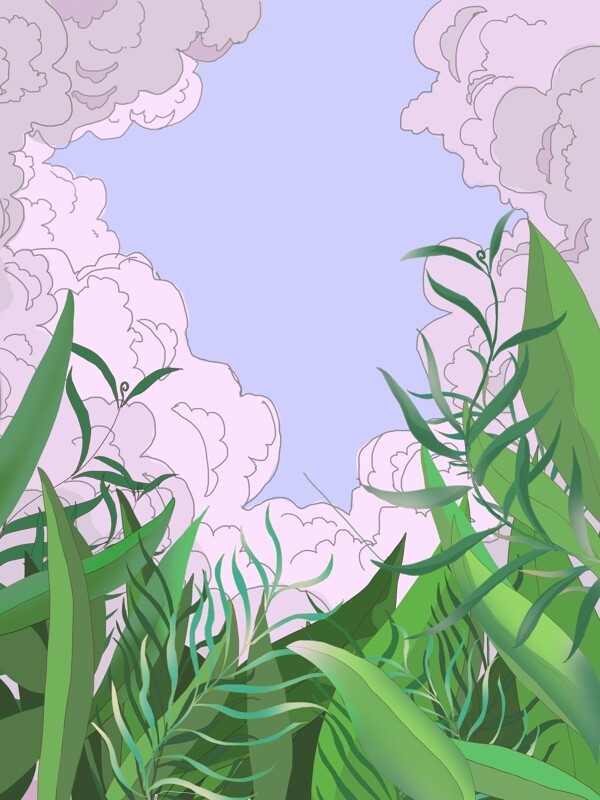 卡通手繪綠色植物風景插畫背景