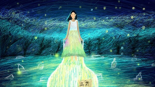 漂流瓶和女孩治愈系線圈原創(chuàng)插畫