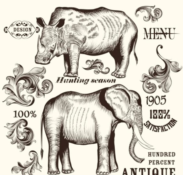 北欧手绘野生动物大象黑白插画