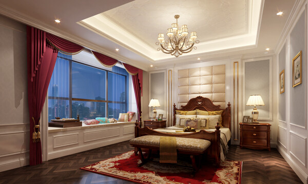 欧式风格卧室红色窗帘室内装修效果图