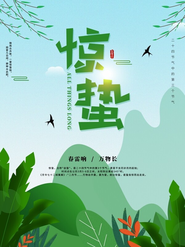 創(chuàng)意手繪綠色清新驚蟄節(jié)氣海報