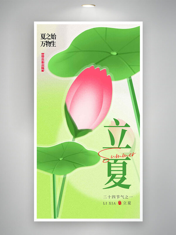含苞待放的粉色荷花苞綠色背景二十四節(jié)氣立夏海報(bào)
