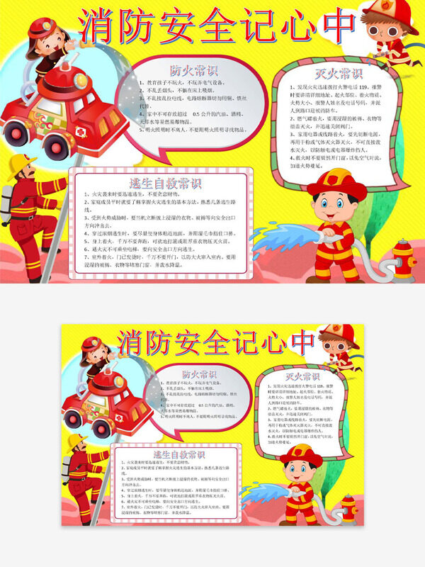卡通消防員黃色背景消防安全記心中手抄報(bào)
