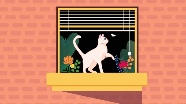 萌宠类阳台上的猫咪在百叶窗边追着蝴蝶