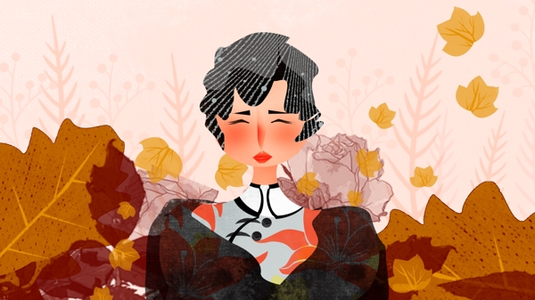 秋天你好女孩風(fēng)中微笑落葉插畫(huà)