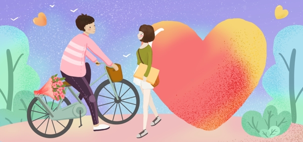 情人節(jié)可愛(ài)卡通情侶單車(chē)愛(ài)心banner