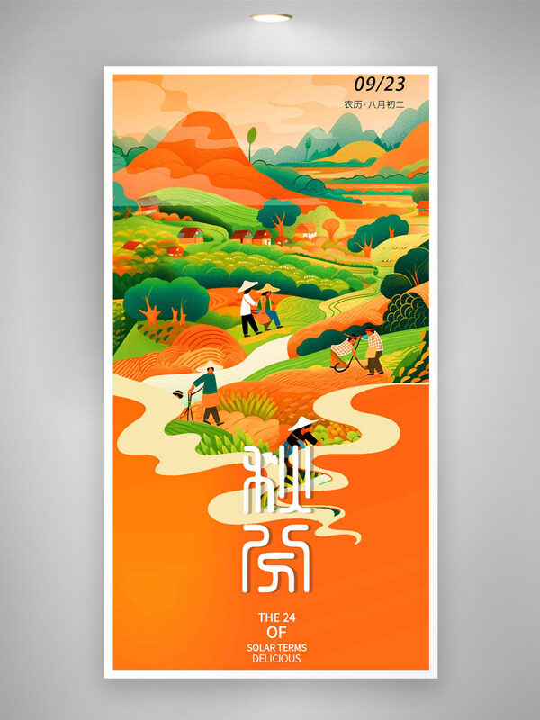 扁平卡通彩色搭配秋收場景秋分節(jié)氣海報