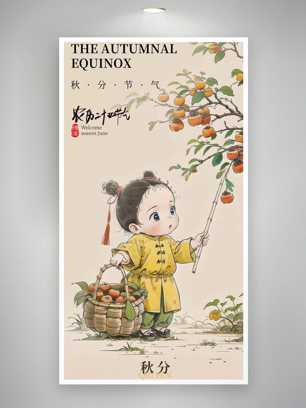 簡約手繪古風(fēng)兒童插畫柿子圖案秋分節(jié)氣海報(bào)