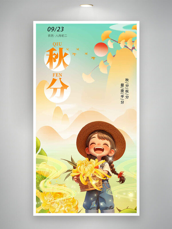 豐收季節(jié)卡通女生插畫清新背景秋分節(jié)氣海報