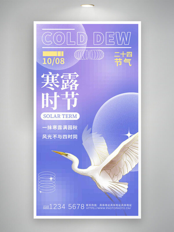 紫色簡約卡通白鷺插畫寒露二十四節(jié)氣海報(bào)