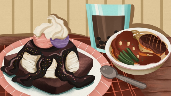 冬季美食甜品和意大利面下午茶时光温馨插画