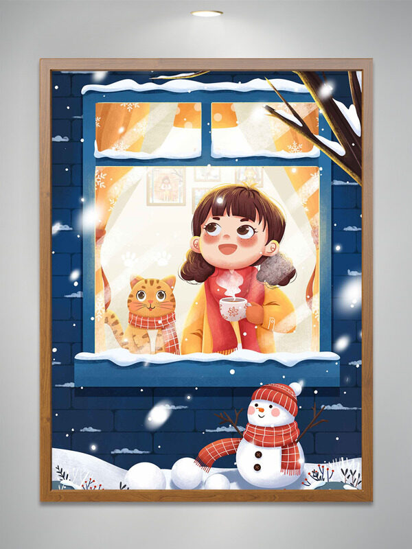 卡通雪人女生寒冷冬夜室内赏雪插画