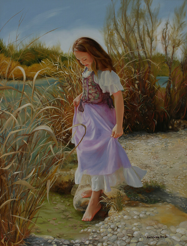 湖水边可爱的小女孩油画图片
