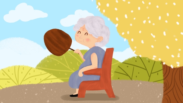 关爱老人老奶奶坐树底下乘凉小清新手绘插画