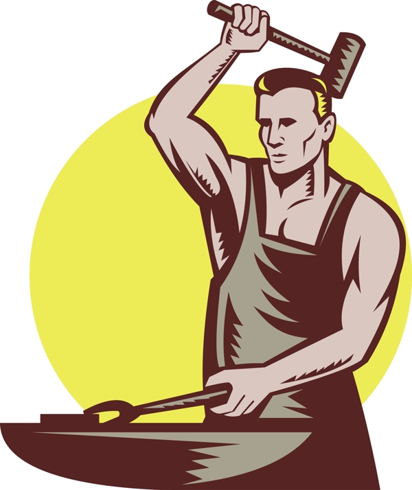 铁匠工人用锤子和铁砧