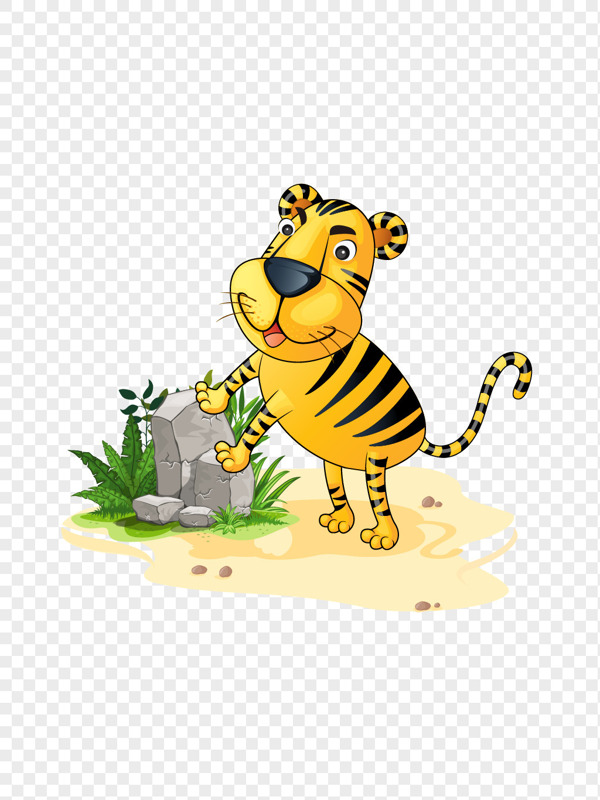 卡通黄色的小老虎在草丛爬石头观看设计