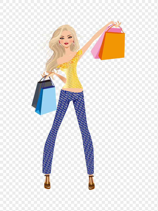 开心购物手举购物袋的美女模特矢量图插画素材