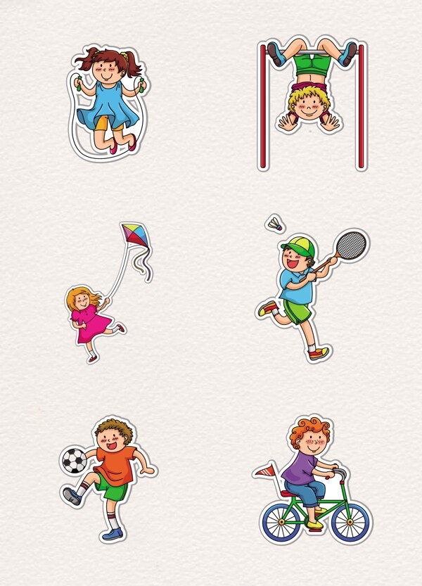 6款彩色卡通开心玩耍的儿童人物贴纸设计