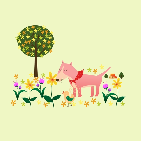 印花矢量圖可愛卡通卡通動物狗鳥免費素材