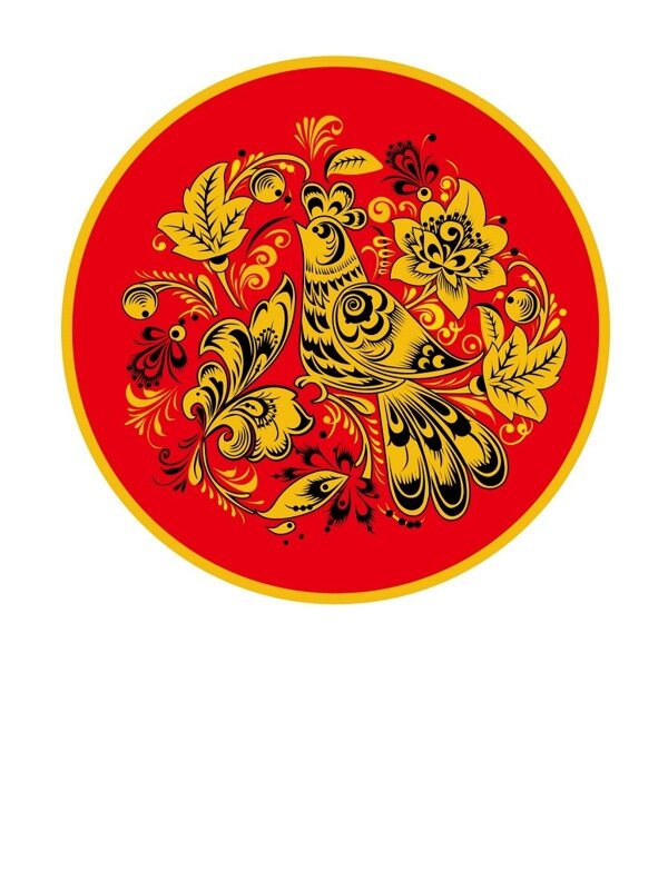  传统 欧式俄式 圆形花卉图案背景贴图红底单只花鸟黑边