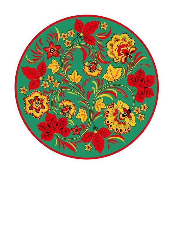 传统 欧式俄式 圆形花卉图案背景贴图 绿底红枫叶绕枝