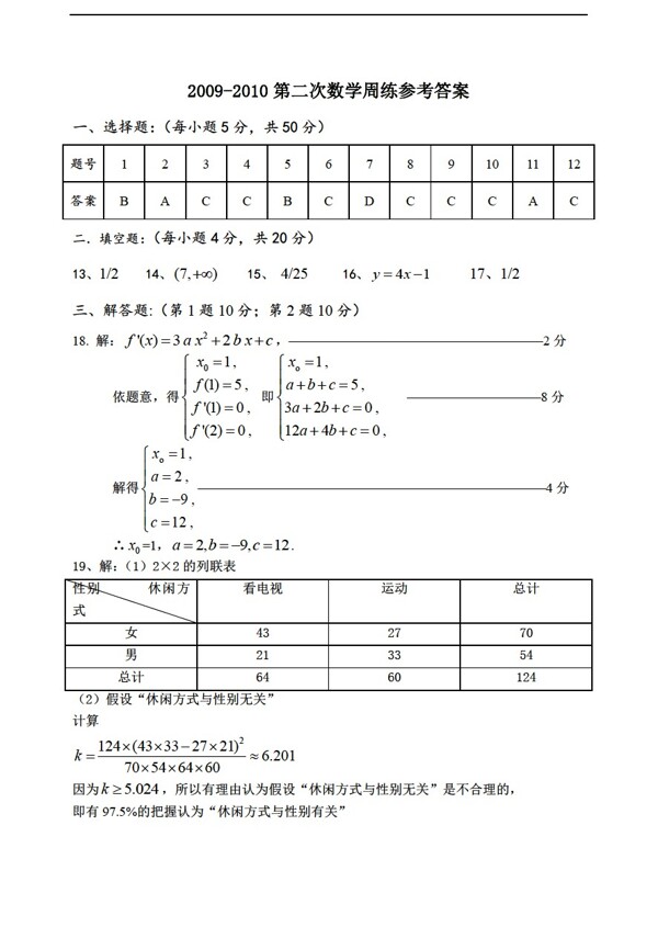 数学人教新课标A版哈13中学下学期第二次周练