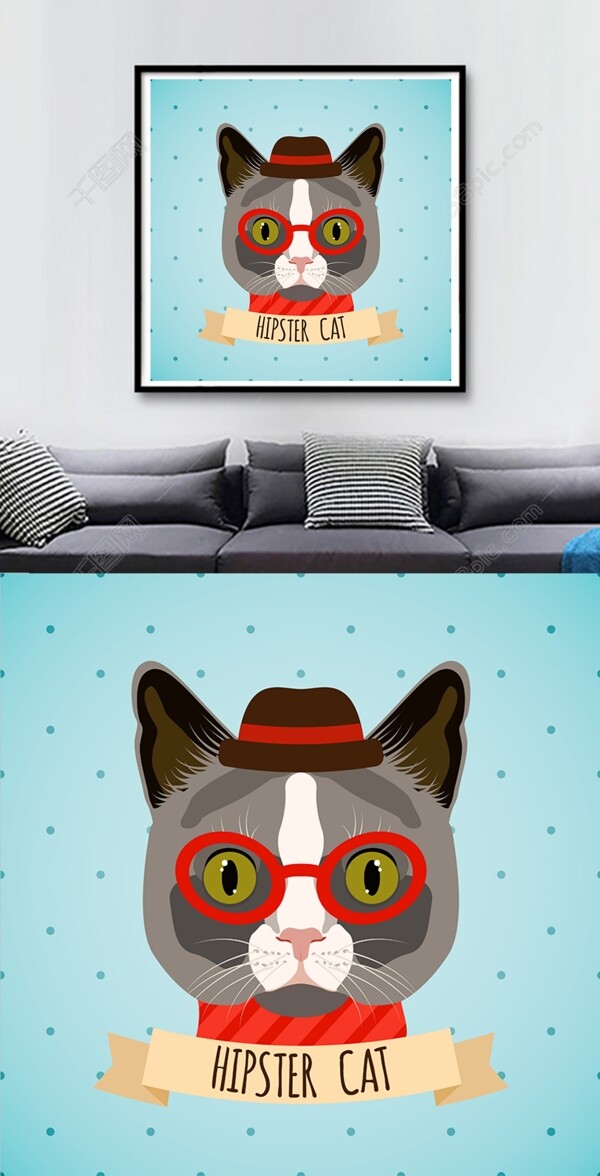方图卡通红色眼镜猫咪头像装饰画