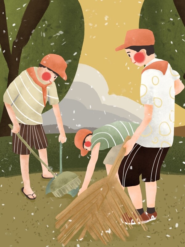 世界环境日学生志愿者打扫公园肌理插画