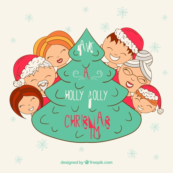 圣诞树上手绘幸福的家庭