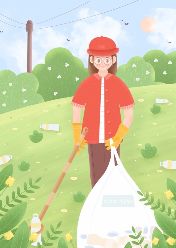 小清新世界卫生日之清理景点垃圾的女孩插画