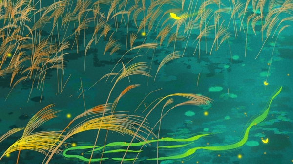 绿色彩绘春季河边芦苇背景设计
