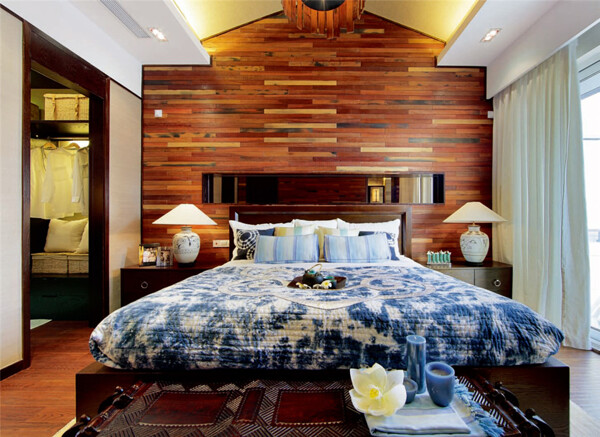 中国风卧室床铺木质背景装修效果图