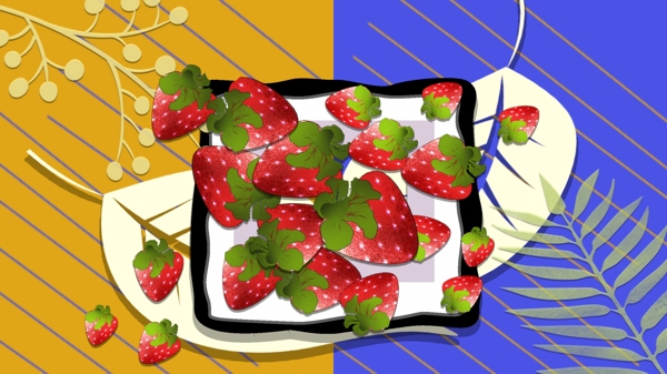 水果果盘草莓展示冲撞色插画