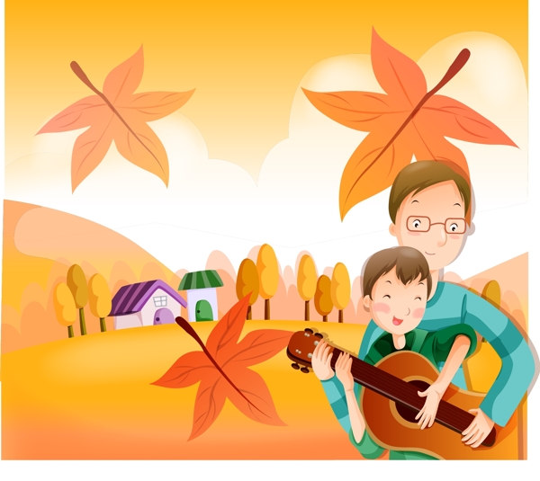 秋天枫叶里一起弹吉他的父子图片