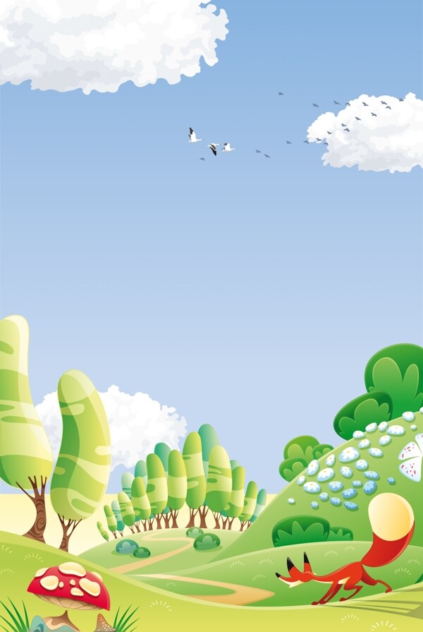 扁平卡通绿色自然风景海报