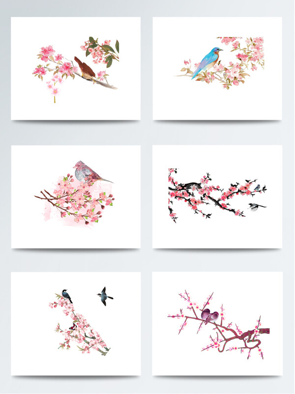 手绘的惊蛰桃花和鸟元素素材