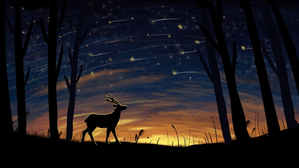 梦幻星空下的鹿仰望星空治愈插画海报配图