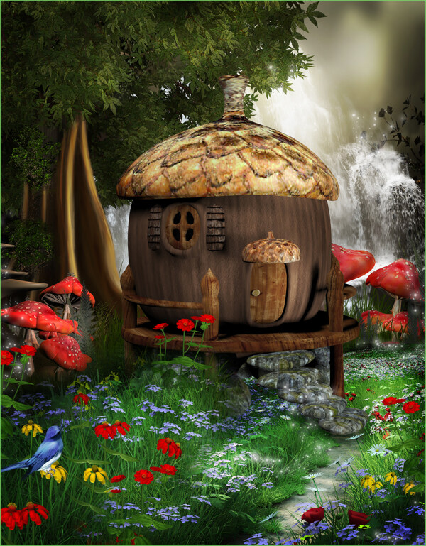 小木屋童话背景红花瀑布蘑菇图片