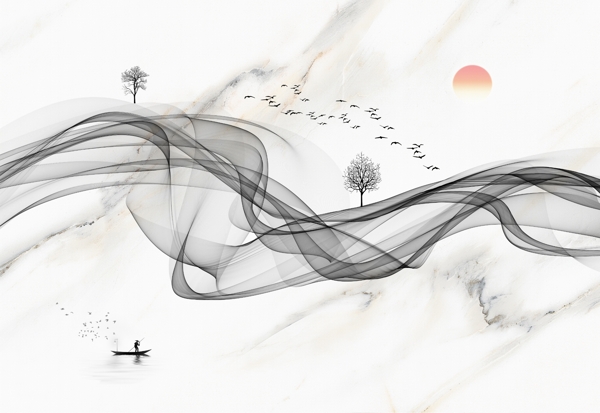 新中式抽象烟雾山水麋鹿背景墙图图片