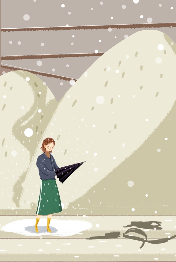 城市街道时尚雪中女孩插画风促销海报