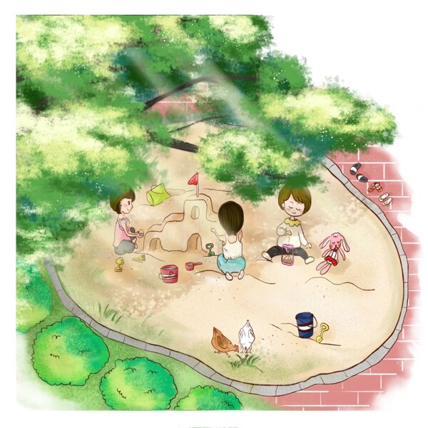 夏日清新可爱风儿童玩耍沙池小场景元素